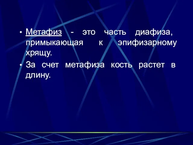 Метафиз - это часть диафиза, примыкающая к эпифизарному хрящу. За счет метафиза кость растет в длину.