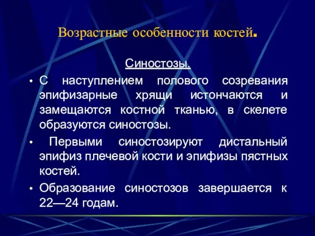 Возрастные особенности костей. Синостозы. С наступлением полового созревания эпифизарные хрящи истончаются и