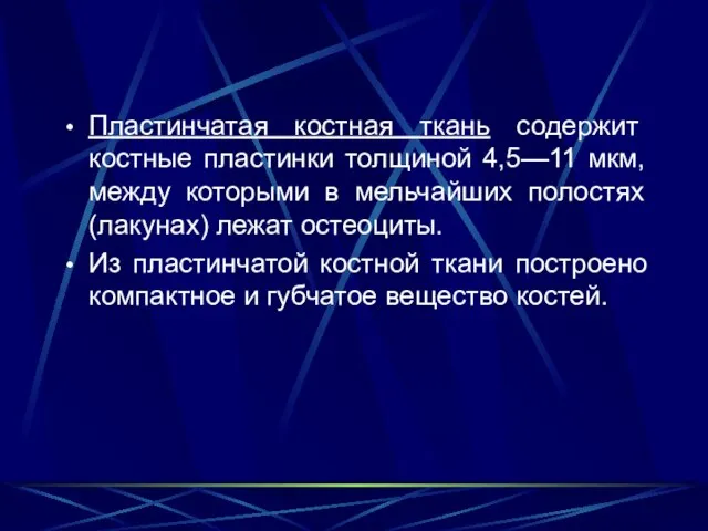 Пластинчатая костная ткань содержит костные пластинки толщиной 4,5—11 мкм, между которыми в