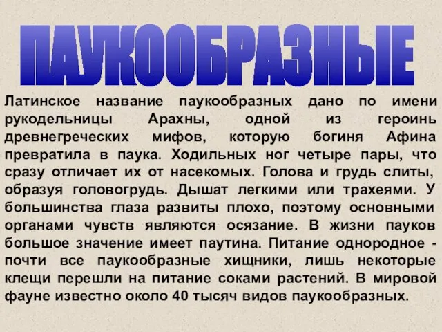 ПАУКООБРАЗНЫЕ Латинское название паукообразных дано по имени рукодельницы Арахны, одной из героинь