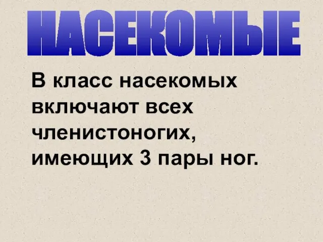 НАСЕКОМЫЕ В класс насекомых включают всех членистоногих, имеющих 3 пары ног.