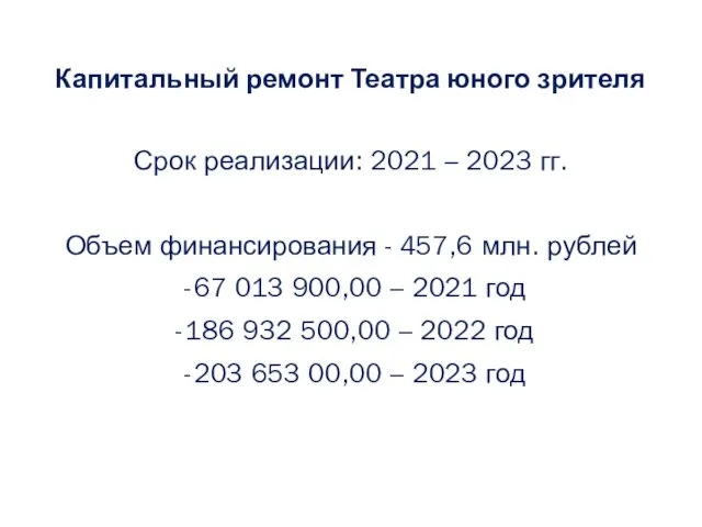 Капитальный ремонт Театра юного зрителя Срок реализации: 2021 – 2023 гг. Объем