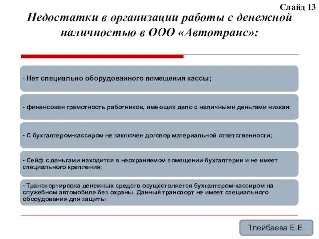Недостатки в организации работы с денежной наличностью в ООО «Автотранс»: Слайд 13 Тлейбаева Е.Е.
