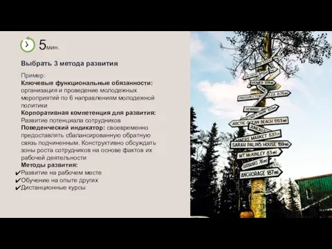 Выбрать 3 метода развития Пример: Ключевые функциональные обязанности: организация и проведение молодежных