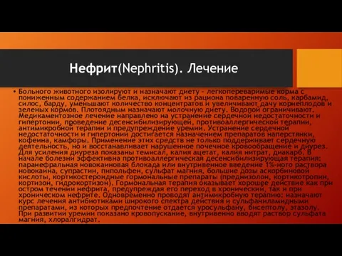 Нефрит(Nephritis). Лечение Больного животного изолируют и назначают диету - легкопереваримые корма с