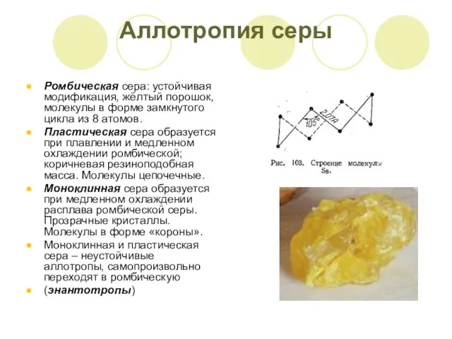 Аллотропия серы Ромбическая сера: устойчивая модификация, жёлтый порошок, молекулы в форме замкнутого