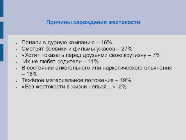 Причины зарождения жестокости Попали в дурную компанию – 16% Смотрят боевики и