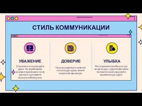 СТИЛЬ КОММУНИКАЦИИ УВАЖЕНИЕ Слушаем и слышим друга друга. Не перебиваем, аргументируем свою