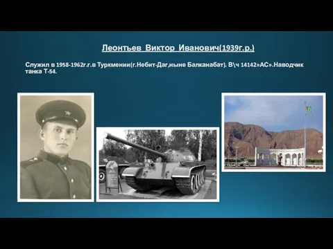Леонтьев Виктор Иванович(1939г.р.) Служил в 1958-1962г.г.в Туркмении(г.Небит-Даг,ныне Балканабат). В\ч 14142»АС».Наводчик танка Т-54.