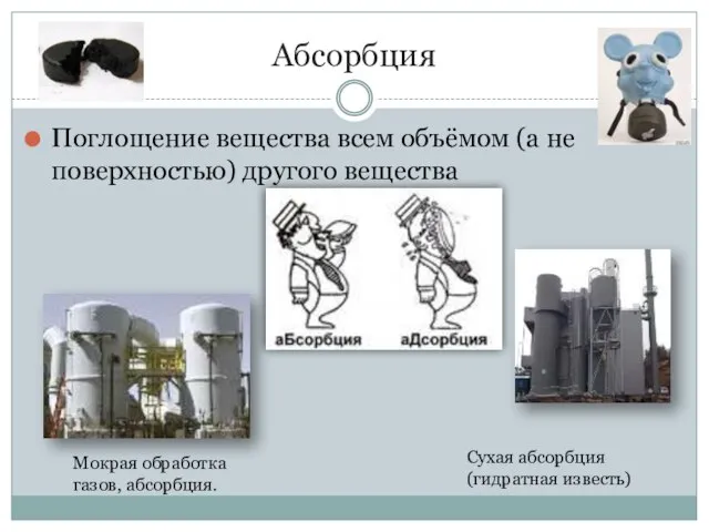 Абсорбция Поглощение вещества всем объёмом (а не поверхностью) другого вещества Мокрая обработка