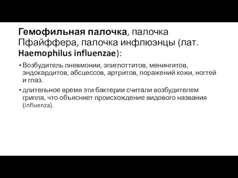 Гемофильная палочка, палочка Пфайффера, палочка инфлюэнцы (лат. Haemophilus influenzae): Возбудитель пневмонии, эпиглоттитов,