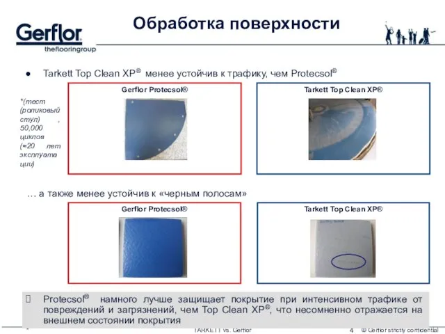 * TARKETT vs. Gerflor Обработка поверхности Protecsol® намного лучше защищает покрытие при