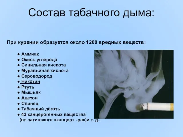 Состав табачного дыма: При курении образуется около 1200 вредных веществ: Аммиак Окись