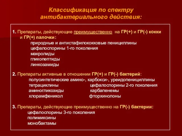 Классификация по спектру антибактериального действия: 1. Препараты, действующие преимущественно на ГР(+) и