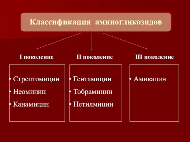 Классификация аминогликозидов Стрептомицин Неомицин Канамицин Гентамицин Тобрамицин Нетилмицин Амикацин I поколение II поколение III поколение