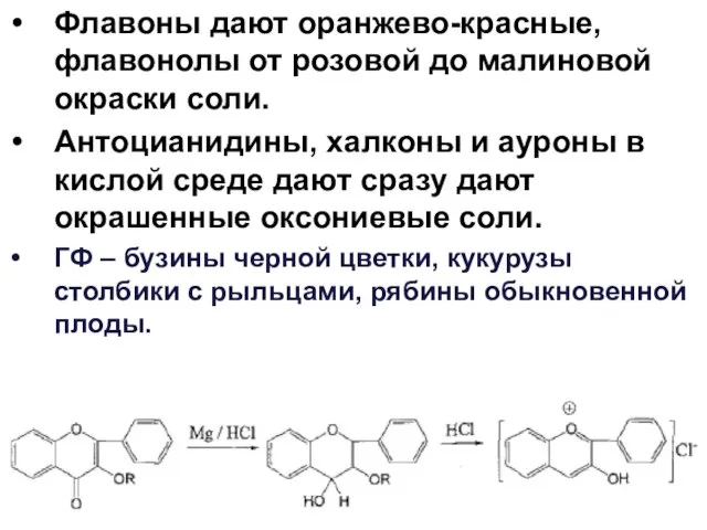 Флавоны дают оранжево-красные, флавонолы от розовой до малиновой окраски соли. Антоцианидины, халконы