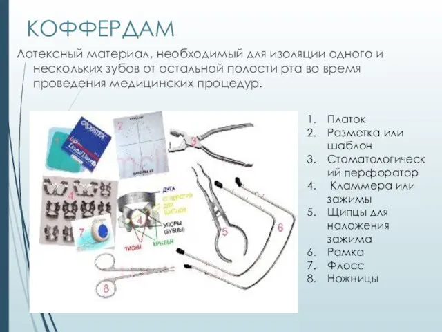 КОФФЕРДАМ Латексный материал, необходимый для изоляции одного и нескольких зубов от остальной