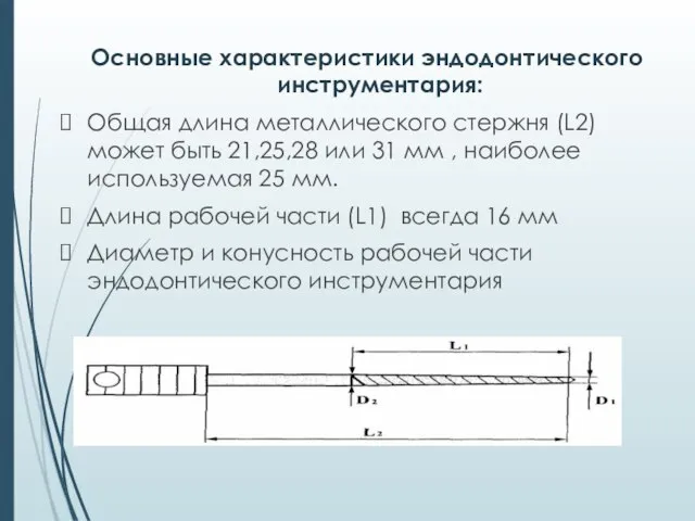 Основные характеристики эндодонтического инструментария: Общая длина металлического стержня (L2) может быть 21,25,28