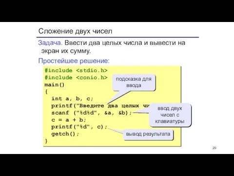 Сложение двух чисел Задача. Ввести два целых числа и вывести на экран