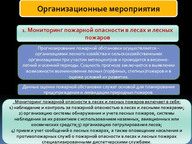 Организационные мероприятия 1. Мониторинг пожарной опасности в лесах и лесных пожаров Прогнозирование