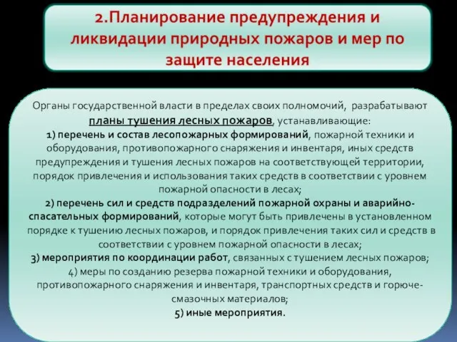 Органы государственной власти в пределах своих полномочий, разрабатывают планы тушения лесных пожаров,