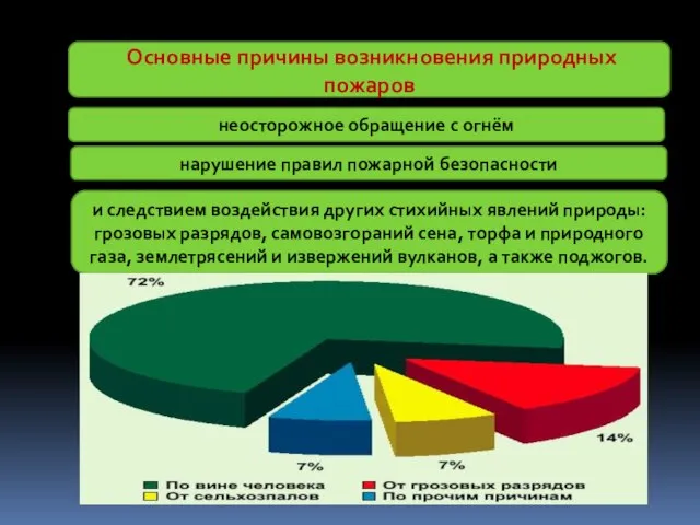 Основные причины возникновения природных пожаров неосторожное обращение с огнём нарушение правил пожарной