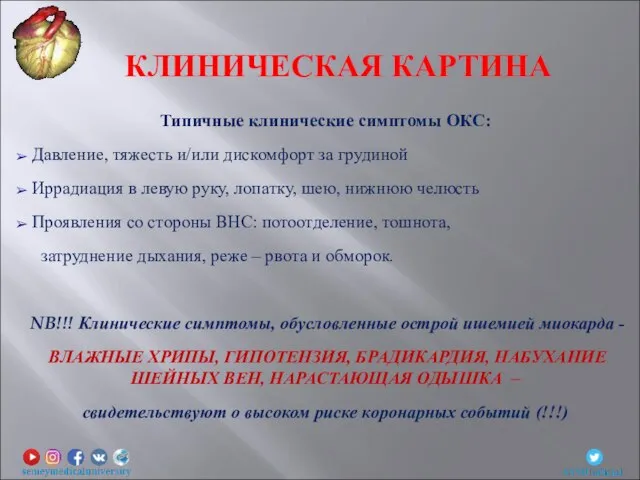 Типичные клинические симптомы ОКС: Давление, тяжесть и/или дискомфорт за грудиной Иррадиация в