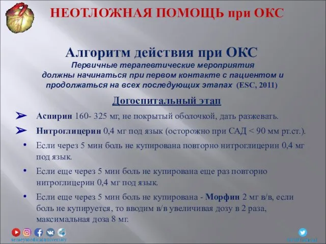 Догоспитальный этап Аспирин 160- 325 мг, не покрытый оболочкой, дать разжевать. Нитроглицерин