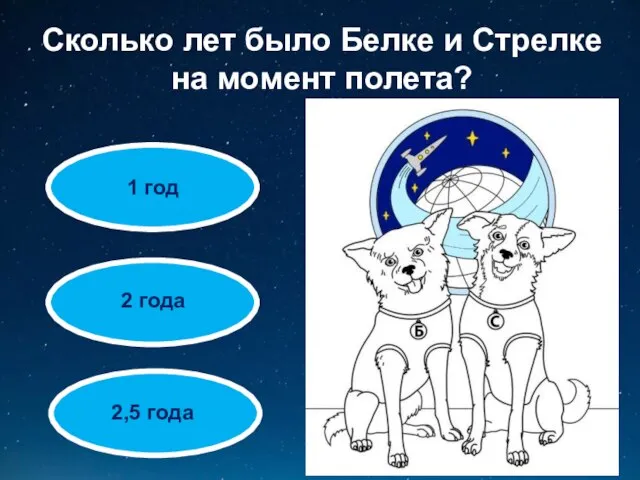 Сколько лет было Белке и Стрелке на момент полета? 1 год 2 года 2,5 года