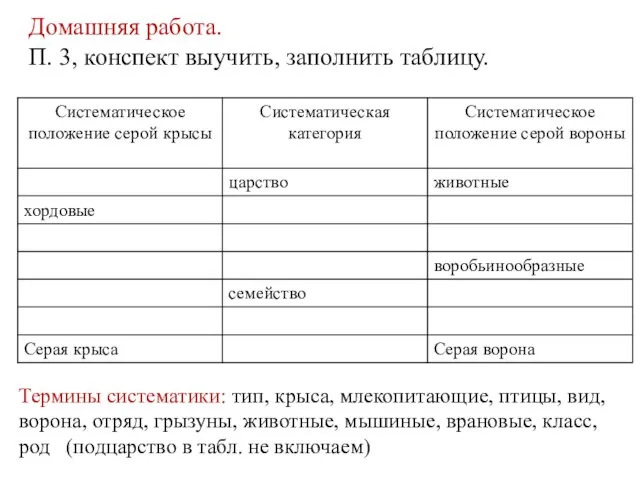 Домашняя работа. П. 3, конспект выучить, заполнить таблицу. Термины систематики: тип, крыса,