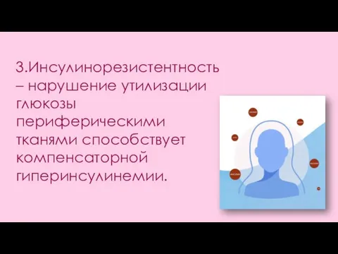 3.Инсулинорезистентность – нарушение утилизации глюкозы периферическими тканями способствует компенсаторной гиперинсулинемии.