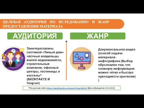 ЦЕЛЕВАЯ АУДИТОРИЯ ПО ИСЛЕДОВАНИЮ И ЖАНР ПРЕДОСТАВЛЕНИЯ МАТЕРИАЛА Заинтересованы системой «Умный дом»