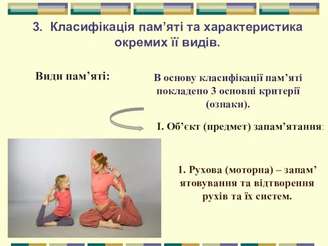 3. Класифікація пам’яті та характеристика окремих її видів. Види пам’яті: В основу