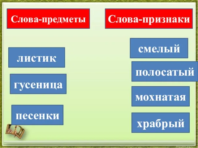 храбрый песенки полосатый мохнатая смелый листик гусеница Слова-предметы Слова-признаки