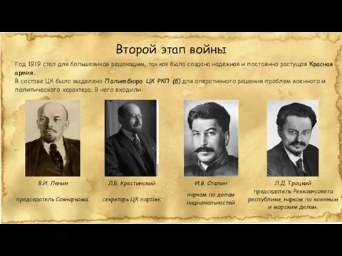 Второй этап войны Год 1919 стал для большевиков решающим, так как была