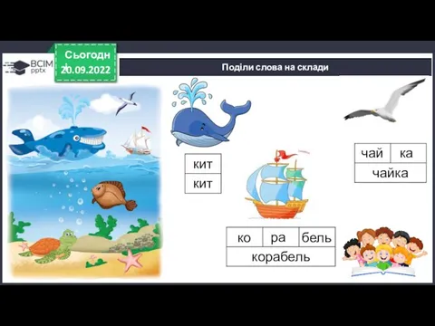 20.09.2022 Сьогодні Поділи слова на склади кит чай ка ко ра бель