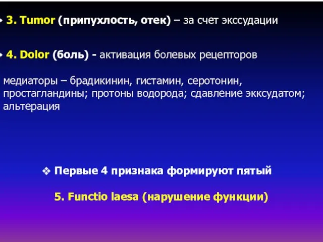 3. Tumor (припухлость, отек) – за счет экссудации 4. Dolor (боль) -