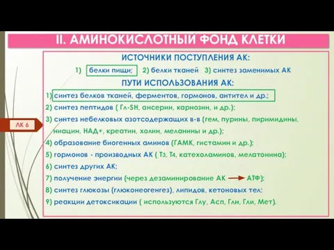 II. АМИНОКИСЛОТНЫЙ ФОНД КЛЕТКИ ИСТОЧНИКИ ПОСТУПЛЕНИЯ АК: 1) белки пищи; 2) белки