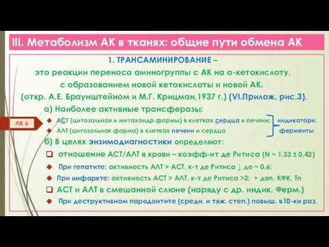 III. Метаболизм АК в тканях: общие пути обмена АК 1. ТРАНСАМИНИРОВАНИЕ –