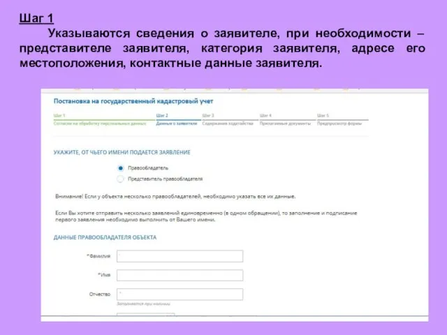 Шаг 1 Указываются сведения о заявителе, при необходимости – представителе заявителя, категория