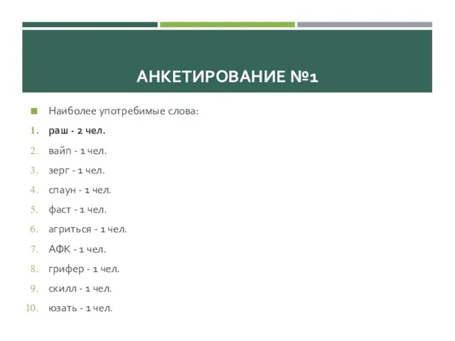 АНКЕТИРОВАНИЕ №1 Наиболее употребимые слова: раш - 2 чел. вайп - 1