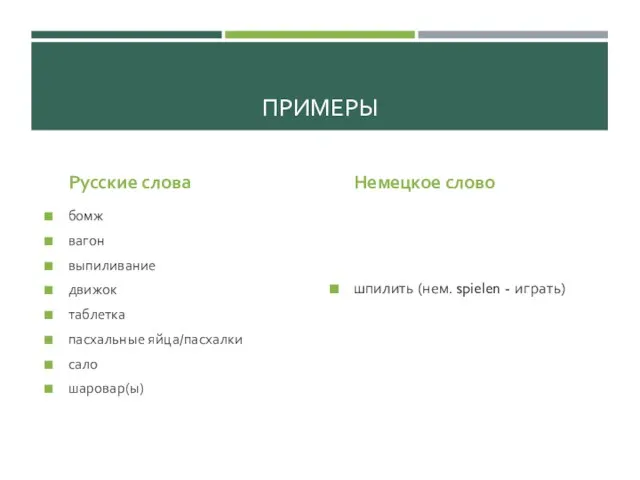 ПРИМЕРЫ Русские слова бомж вагон выпиливание движок таблетка пасхальные яйца/пасхалки сало шаровар(ы)