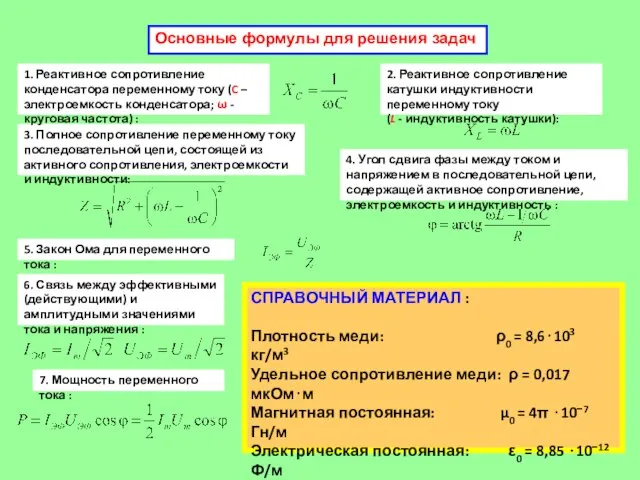 СПРАВОЧНЫЙ МАТЕРИАЛ : Плотность меди: ρ0 = 8,6⋅103 кг/м3 Удельное сопротивление меди: