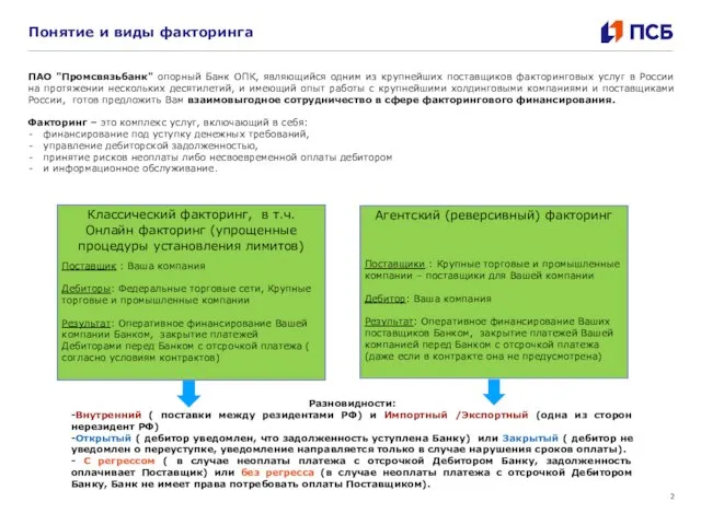 ПАО "Промсвязьбанк" опорный Банк ОПК, являющийся одним из крупнейших поставщиков факторинговых услуг