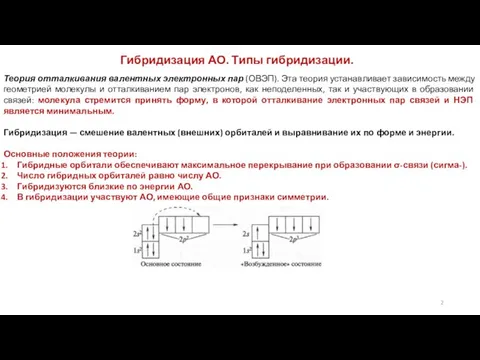 Гибридизация АО. Типы гибридизации. Теория отталкивания валентных электронных пар (ОВЭП). Эта теория