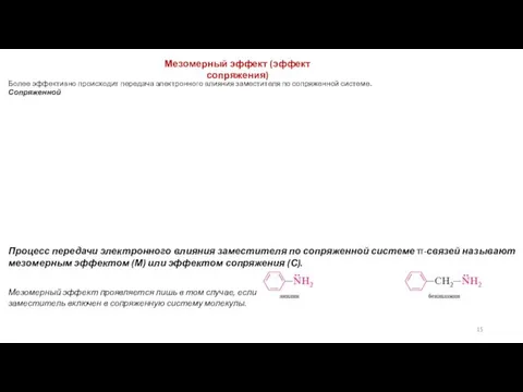 Мезомерный эффект (эффект сопряжения) Более эффективно происходит передача электронного влияния заместителя по