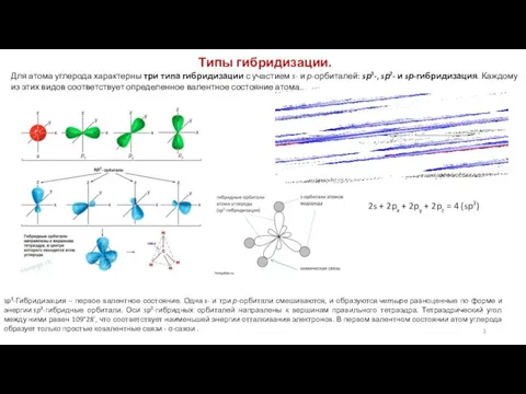 Типы гибридизации. Для атома углерода характерны три типа гибридизации с участием s-