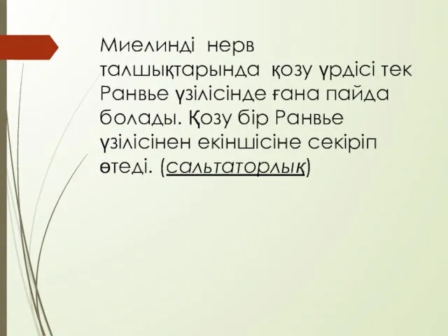 Миелинді нерв талшықтарында қозу үрдісі тек Ранвье үзілісінде ғана пайда болады. Қозу