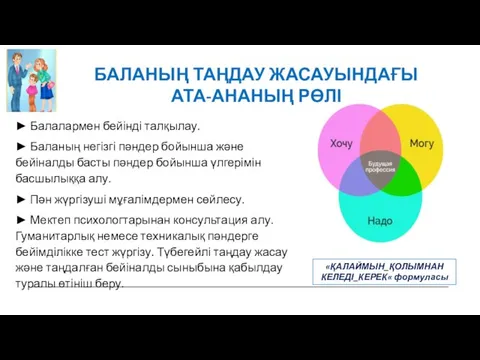 «ҚАЛАЙМЫН_ҚОЛЫМНАН КЕЛЕДІ_КЕРЕК« формуласы БАЛАНЫҢ ТАҢДАУ ЖАСАУЫНДАҒЫ АТА-АНАНЫҢ РӨЛІ ► Балалармен бейінді талқылау.