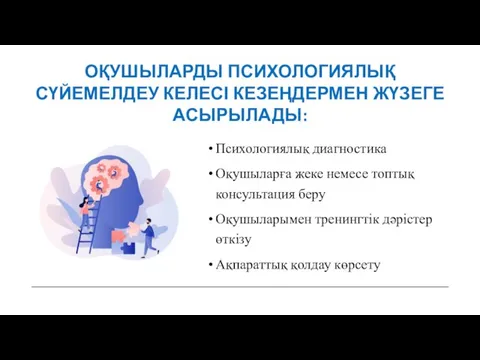 ОҚУШЫЛАРДЫ ПСИХОЛОГИЯЛЫҚ СҮЙЕМЕЛДЕУ КЕЛЕСІ КЕЗЕҢДЕРМЕН ЖҮЗЕГЕ АСЫРЫЛАДЫ: Психологиялық диагностика Оқушыларға жеке немесе